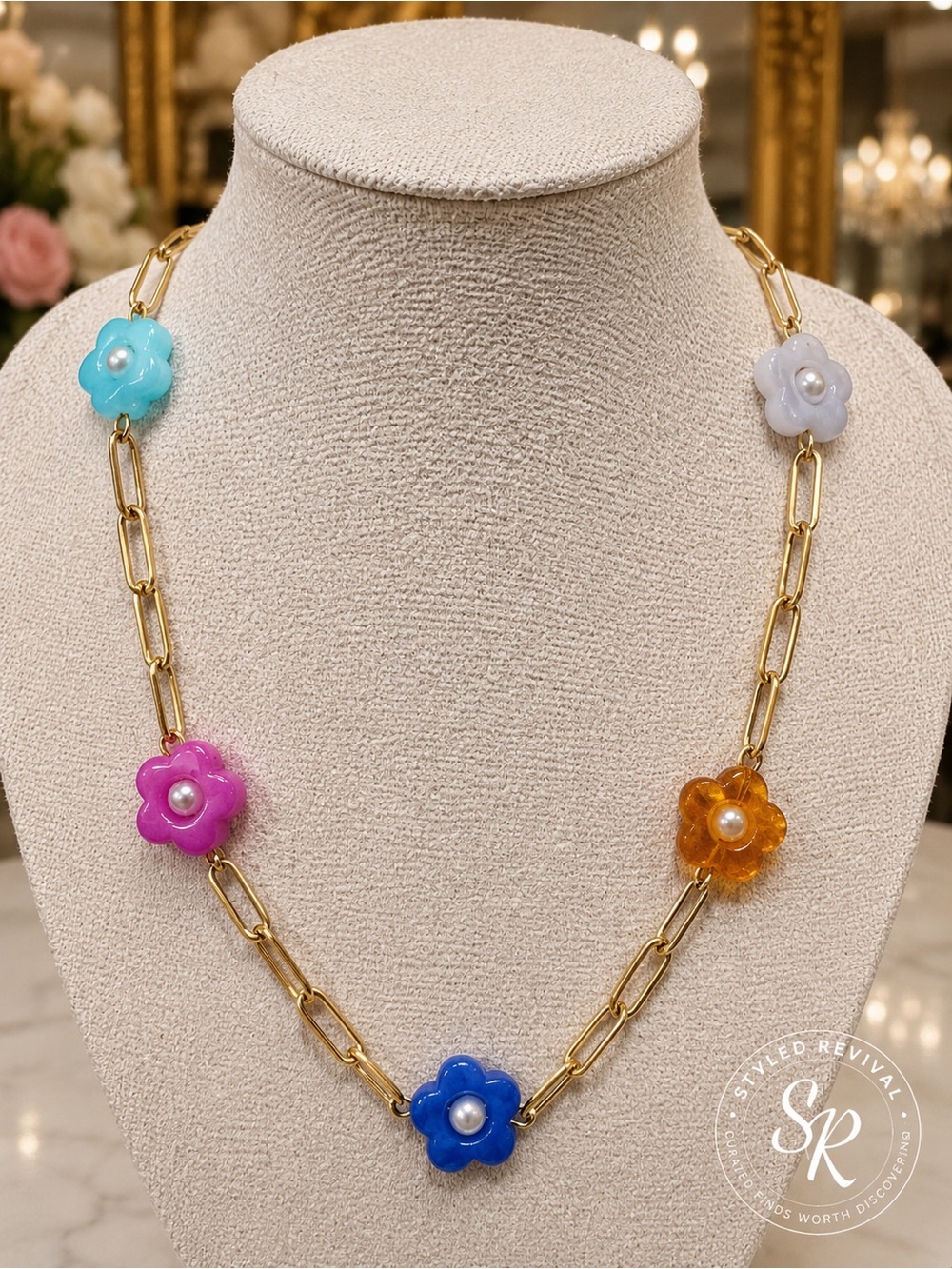 Colorful Flower Pearl Gold-Tone Paperclip Chain Necklace 15–17” NEW